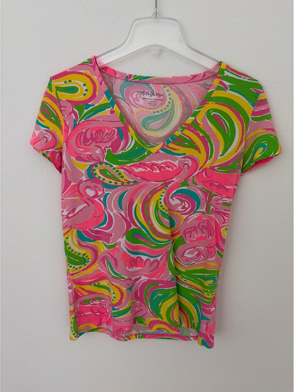 Lilly Pulitzer Women's Pink Green Cotton Spandex V-Neck T-Shirt, Size Medium